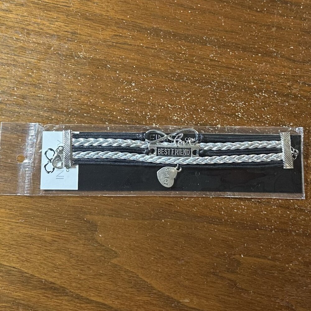 Best Friend Infinity Bracelet With Sister Heart Charm - Black/Silver
